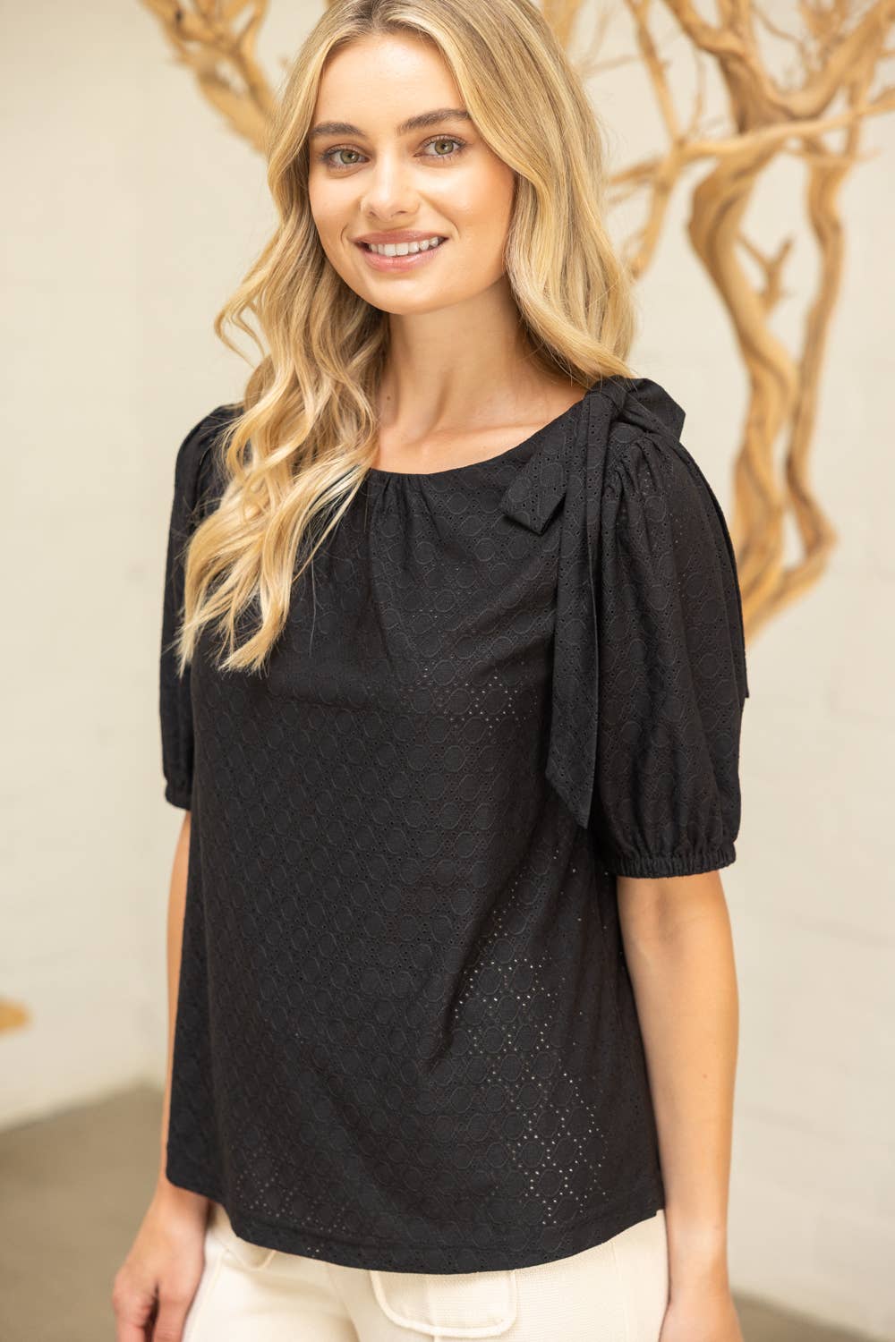 Shoulder Bow Detail Solid Eyelet Knit Top