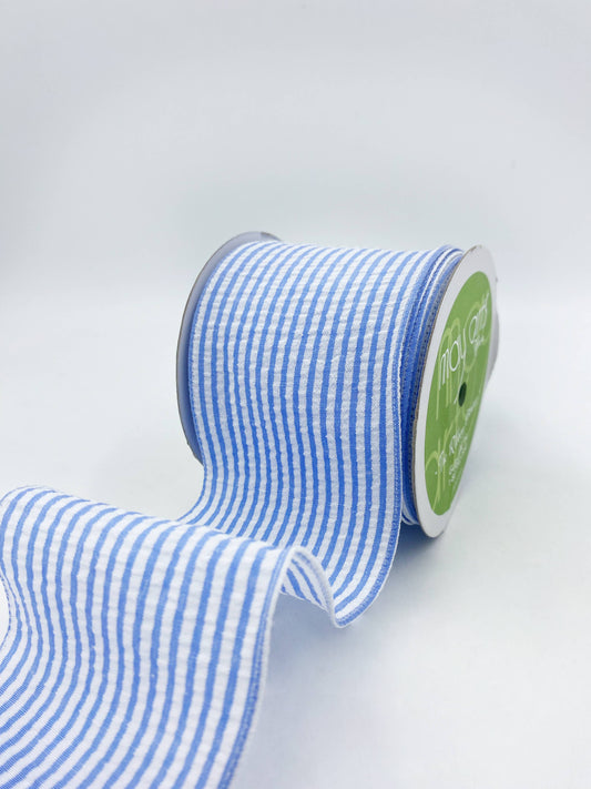 2.5" Wired Light Blue & White Seersucker Ribbon