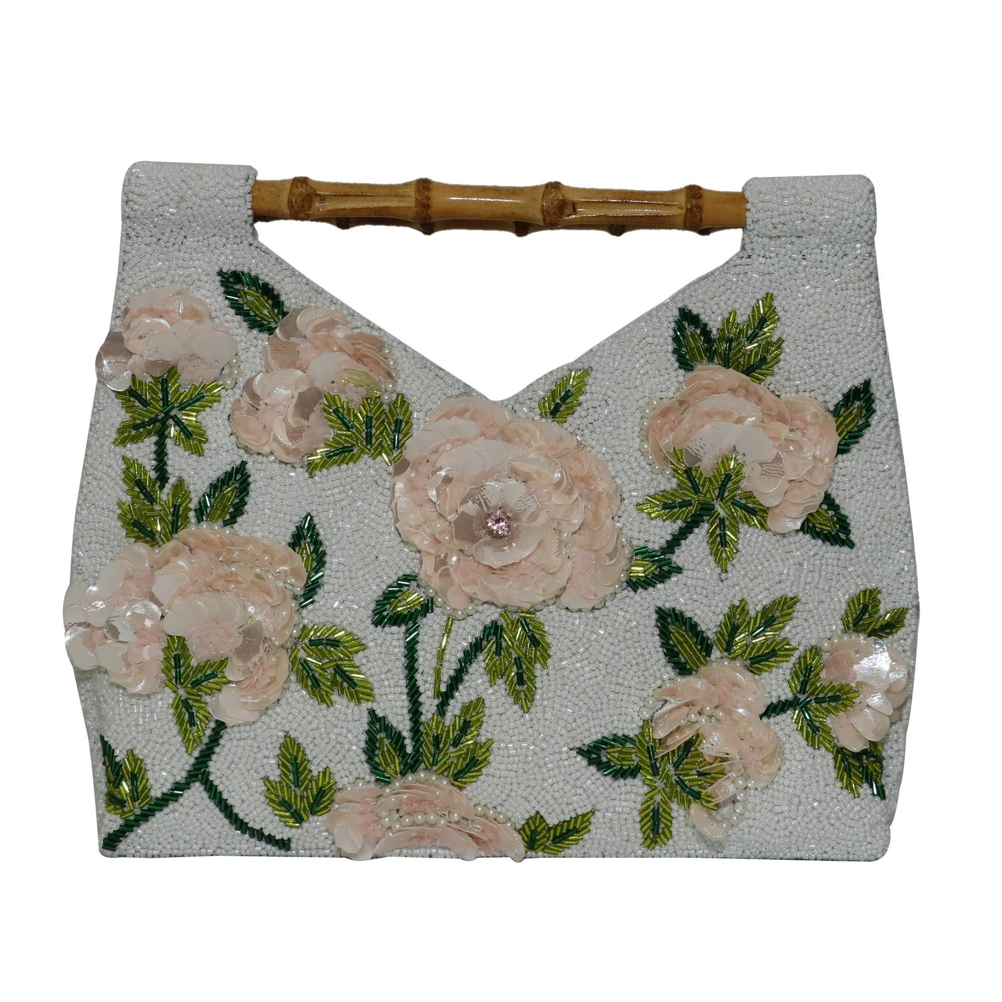 White background floral cut-out bamboo handle bag lime/emerald