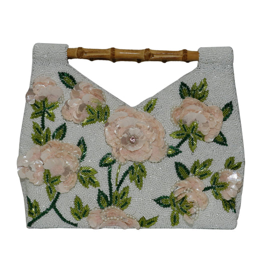 White background floral cut-out bamboo handle bag lime/emerald
