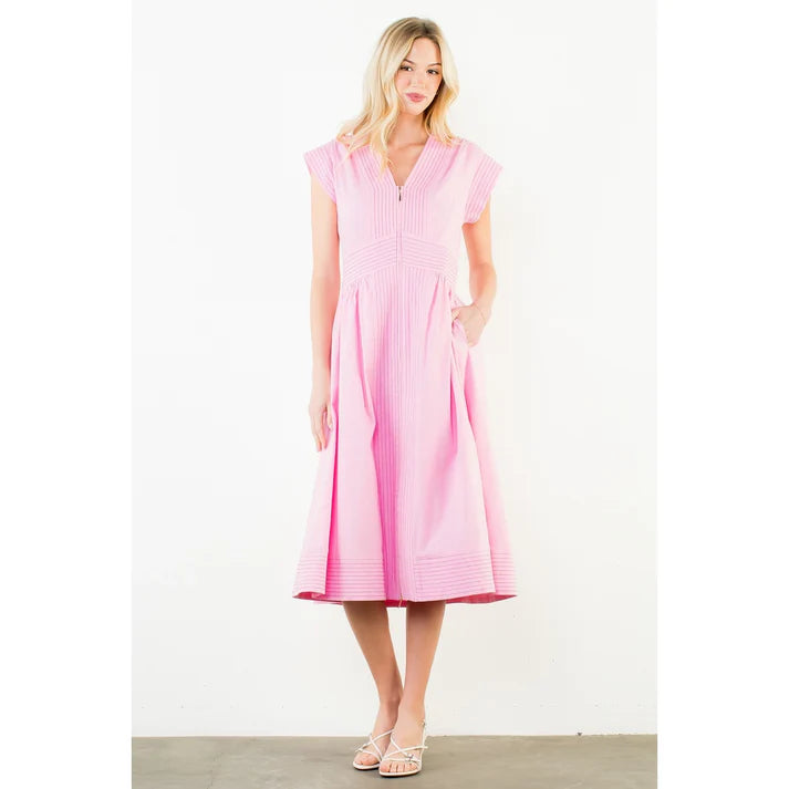 Short Sleeve Zipper up Dress Pink