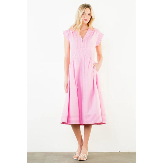 Short Sleeve Zipper up Dress Pink