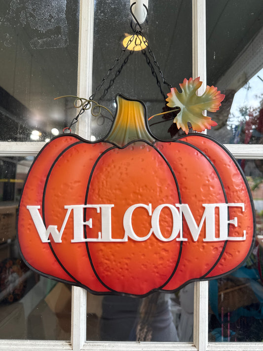 Metal Hanging Welcome Pumpkin