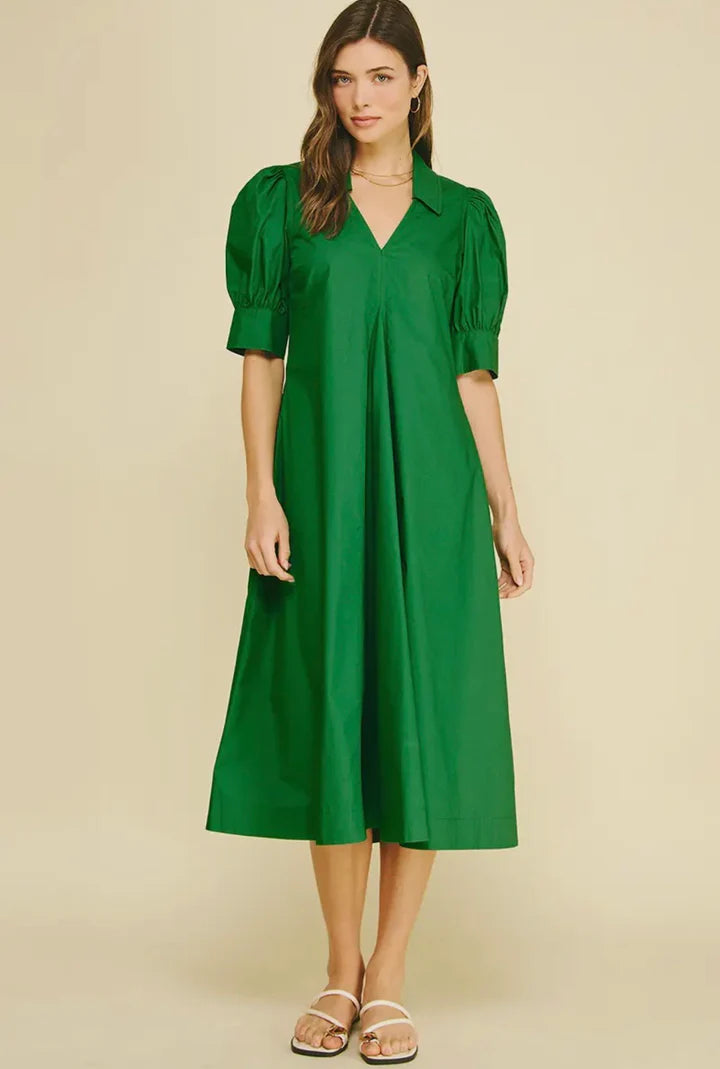 V-Neck Pleated A-Line Dress – Grass Green