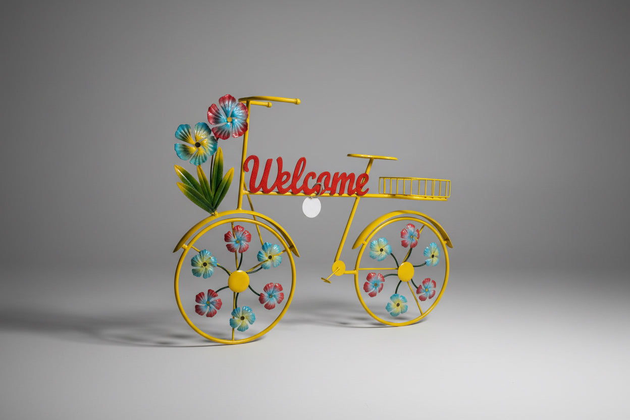 Metal Yellow “Welcome” Bike Lawn Art with Flowers