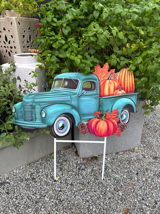 Metal Blue Truck with Pumpkins
