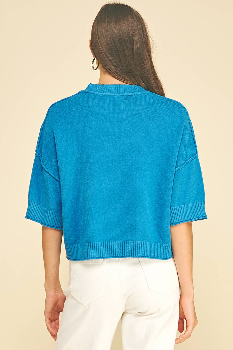 Ocean Blue Soft Knit Short Sleeve Sweater Top
