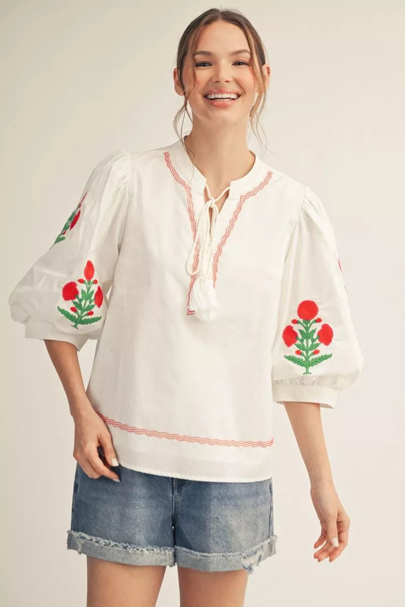 Embroidered Floral Peasant Blouse