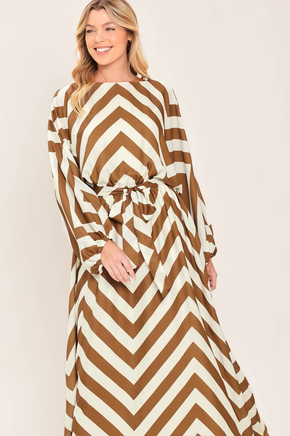 Mocha & Ivory Chevron Tie-Waist Maxi Dress