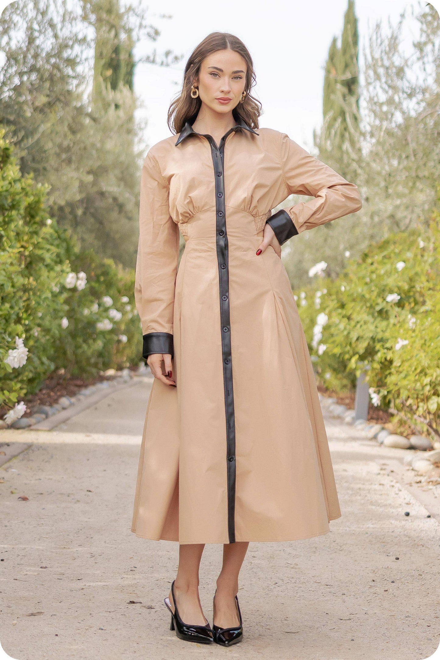 Faux Leather Contrast Poplin Long Shirt Dress