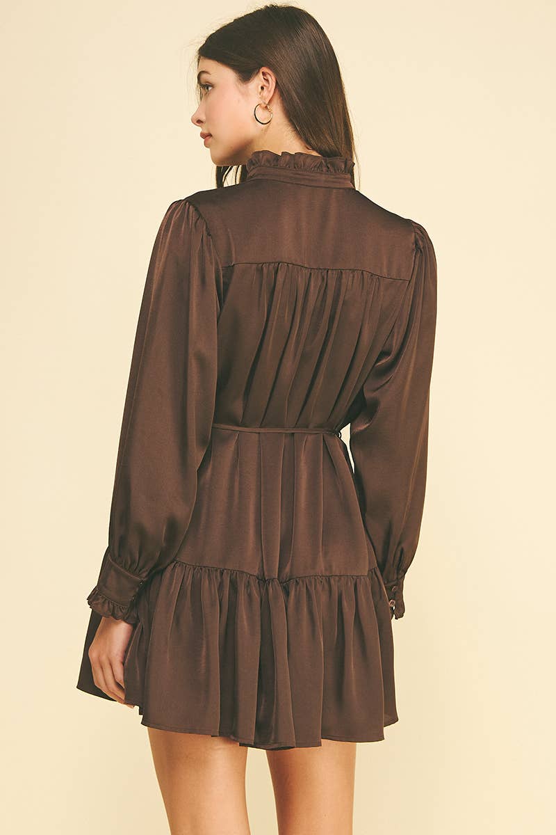 Espresso Satin Ruffled Tiered Mini Dress