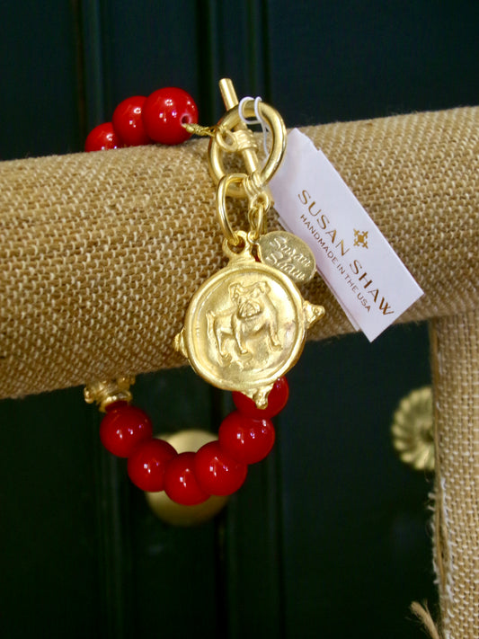 Gold Bulldog & Red Coral Beads Bracelet