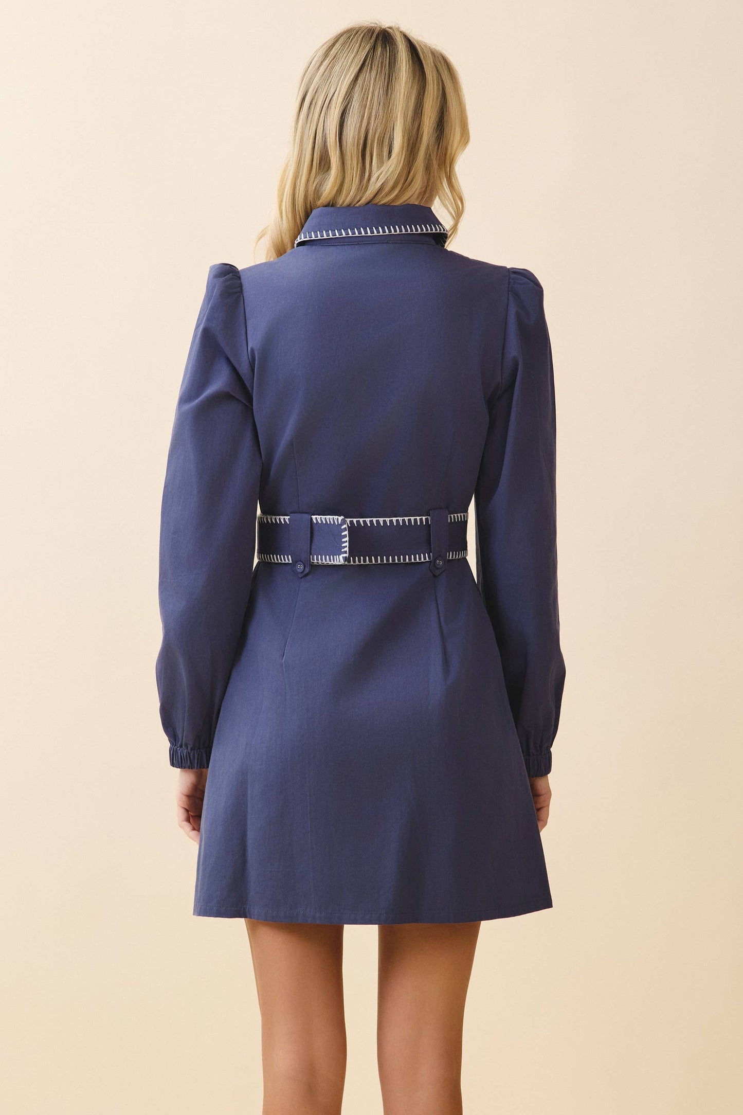 Contrast Whipstitch Belted Waist Shirt Dress