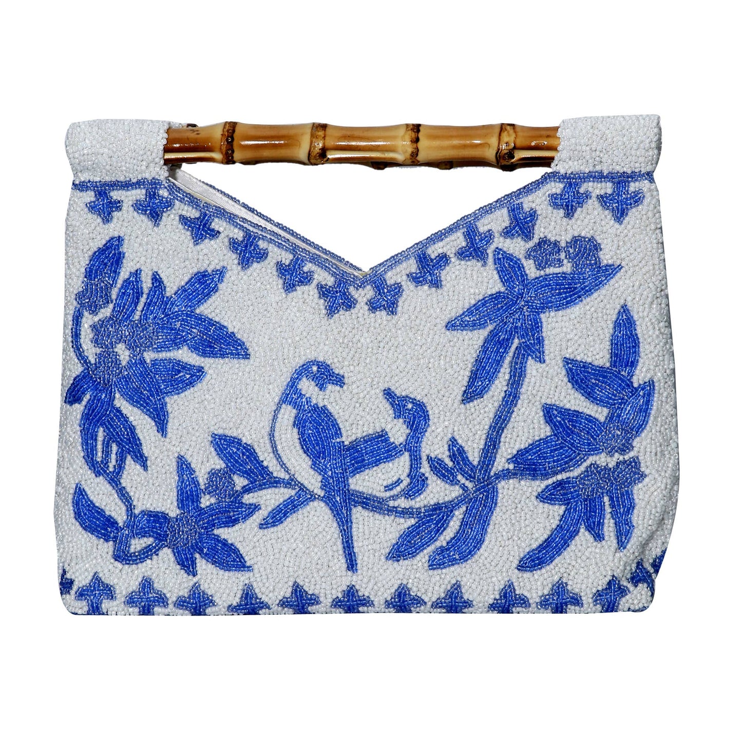 Bluebird Garden Bamboo Handle Beaded Bag