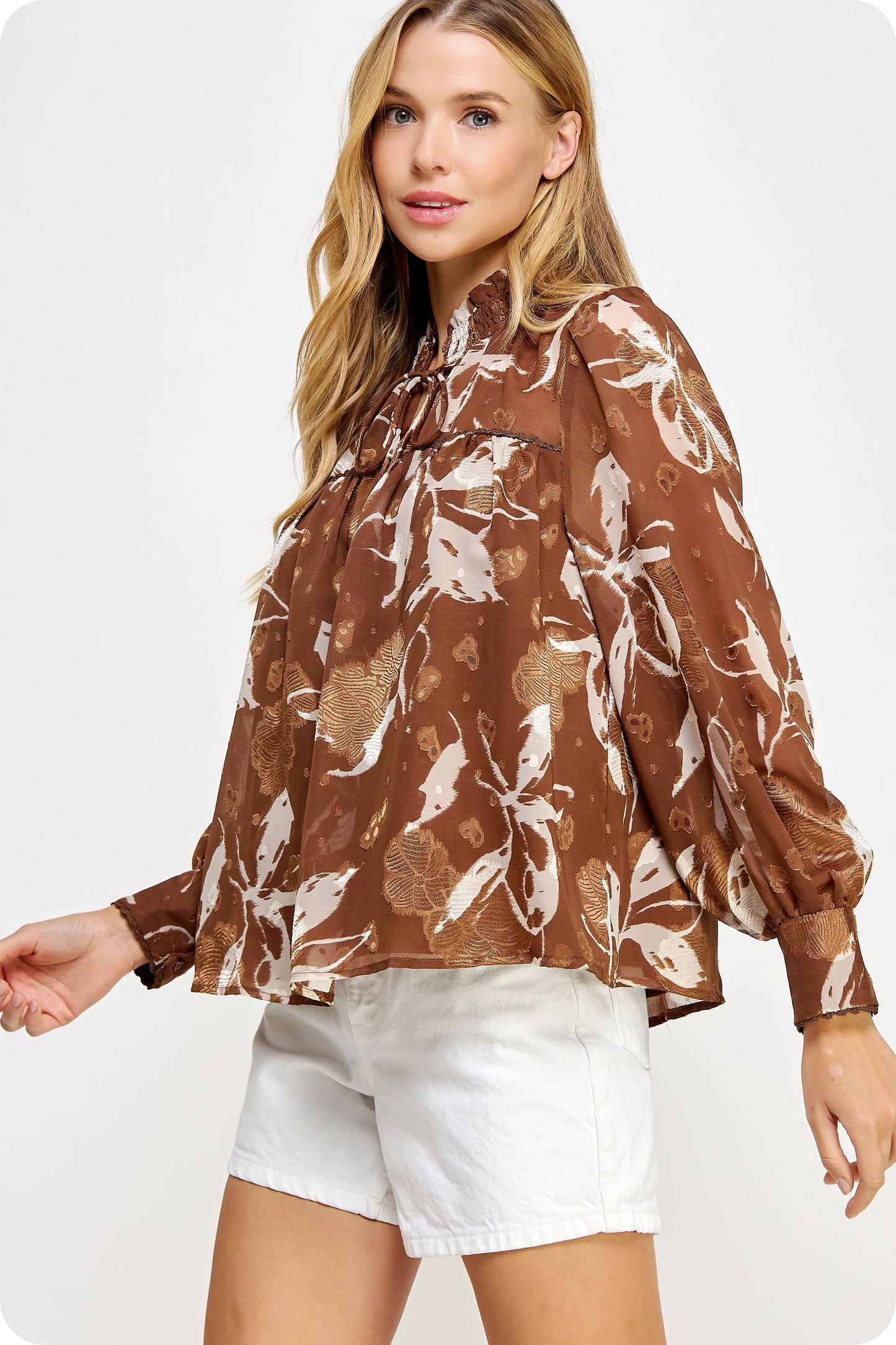 Contrast Scallop Trim Printed Blouse