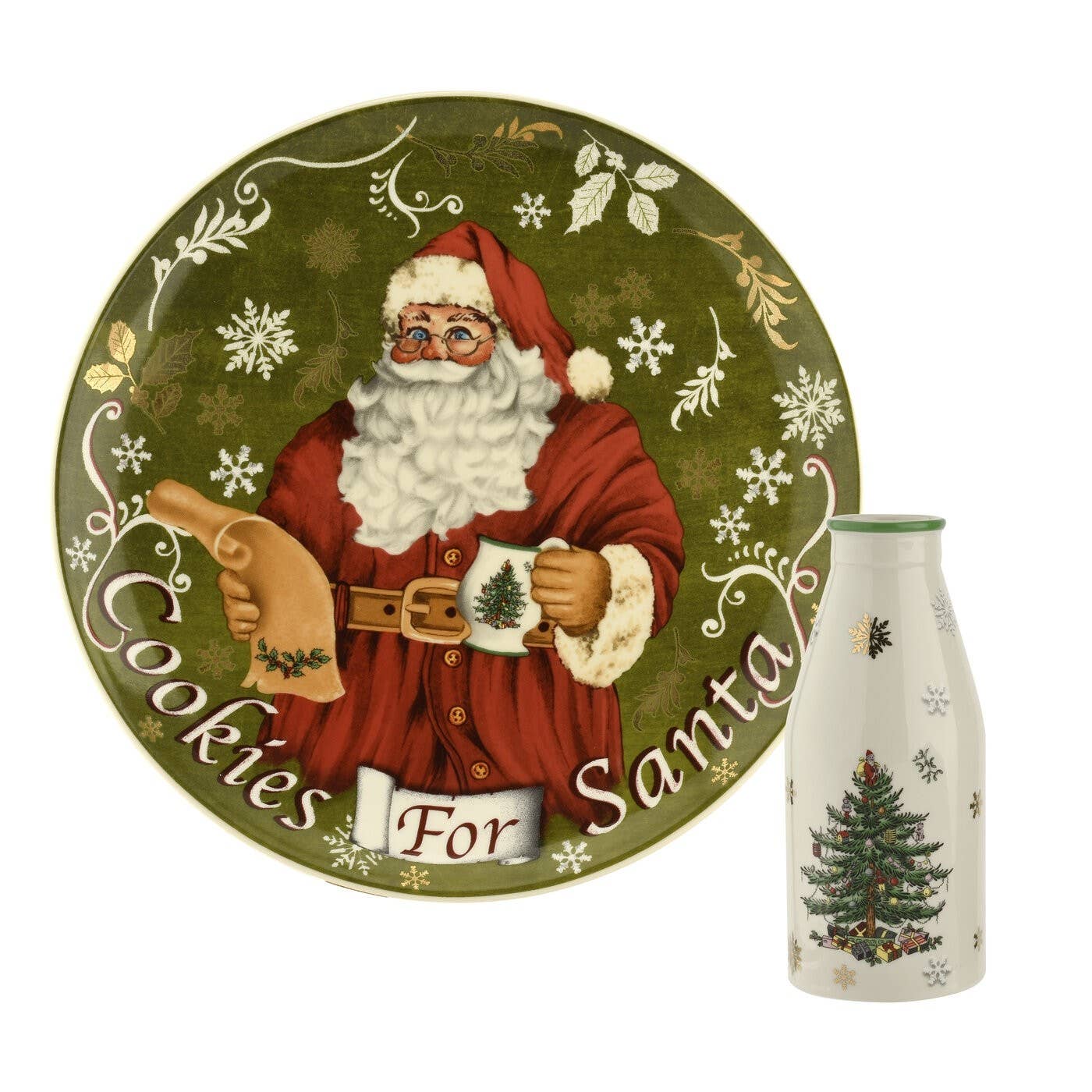 Spode Christmas Tree Santa Cookies Plate and Milk Bottle