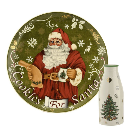 Spode Christmas Tree Santa Cookies Plate and Milk Bottle
