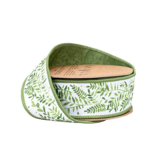 1 1/2" Wired Dupioni Ribbon | Ferns on White w/ Green Backing | 10 Yard Roll