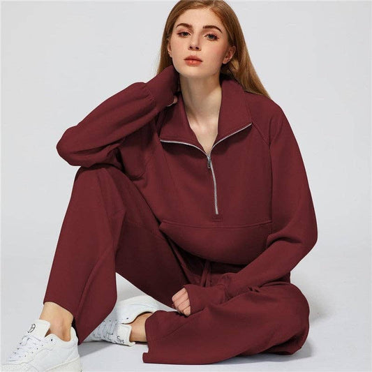 Pure Color Half Zip Sweatshirt Wide Leg Joggers Set