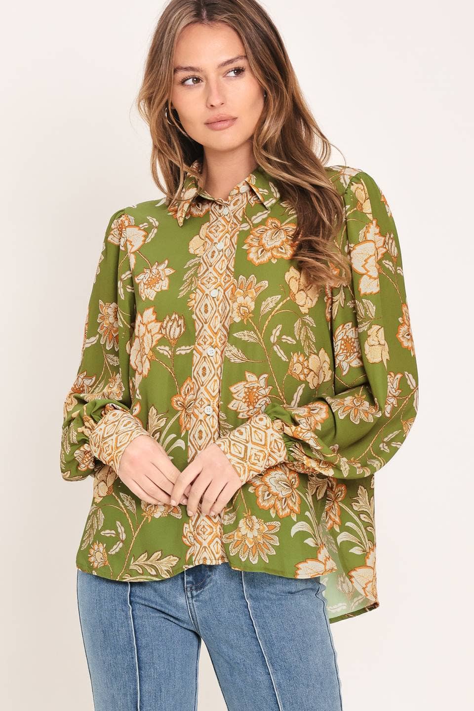 Olive Botanical Print Button-Down Blouse