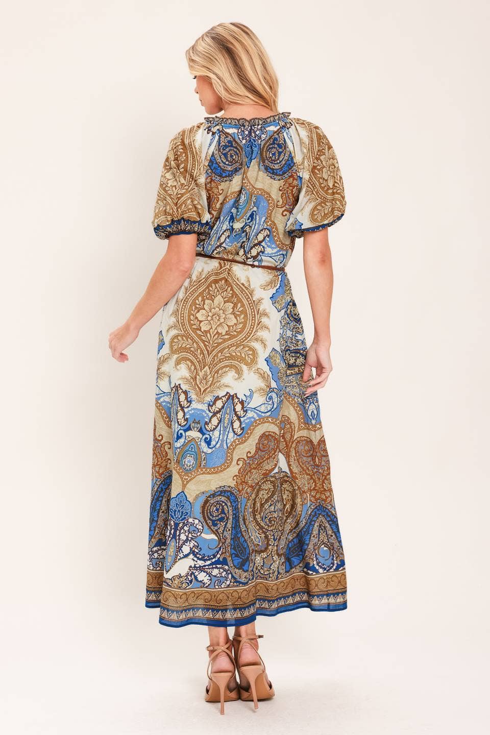 Blue & Mocha Paisley Belted Midi Dress