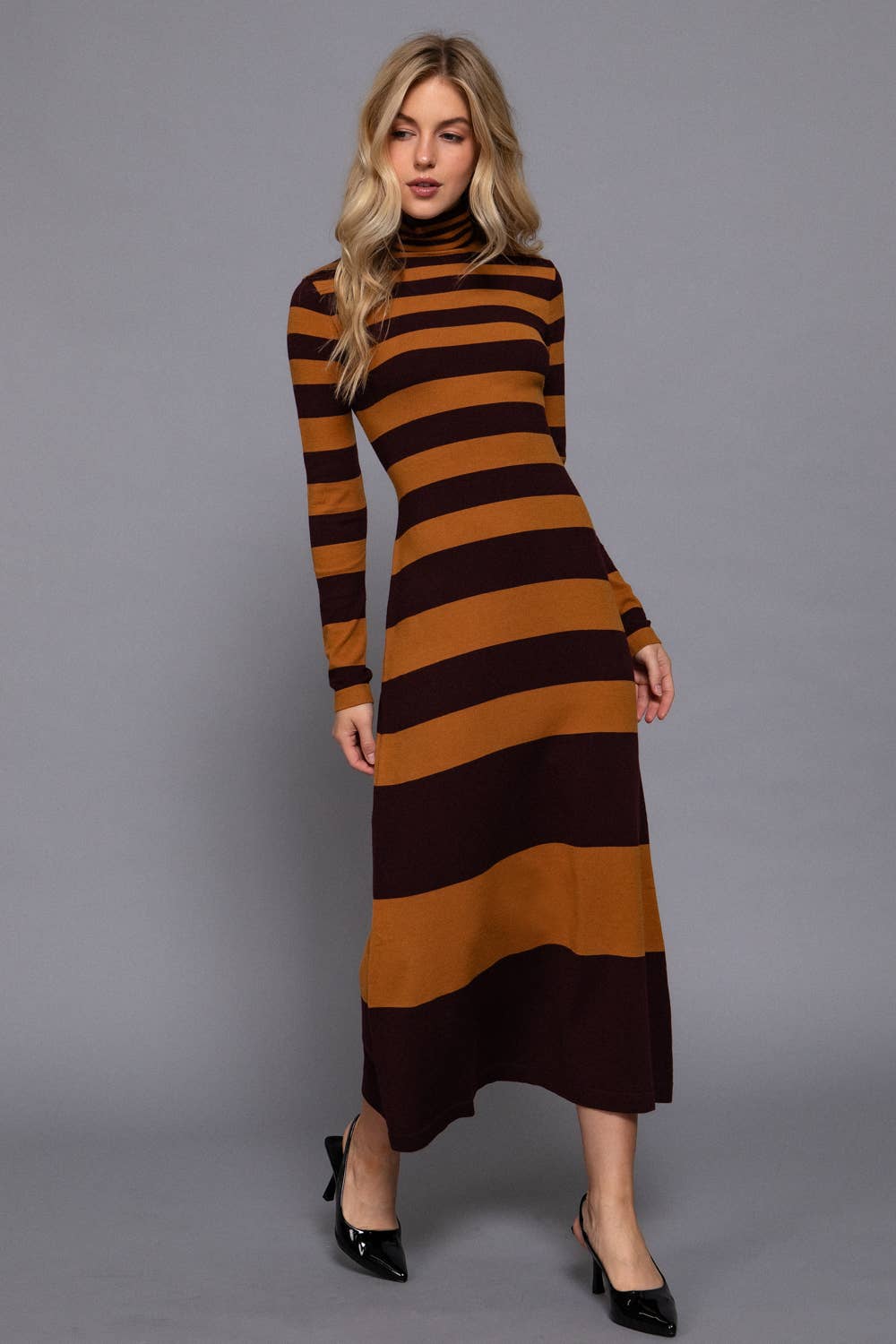 Timeless Long Sleeve Turtle Neck Rugby Stripe Maxi Dress