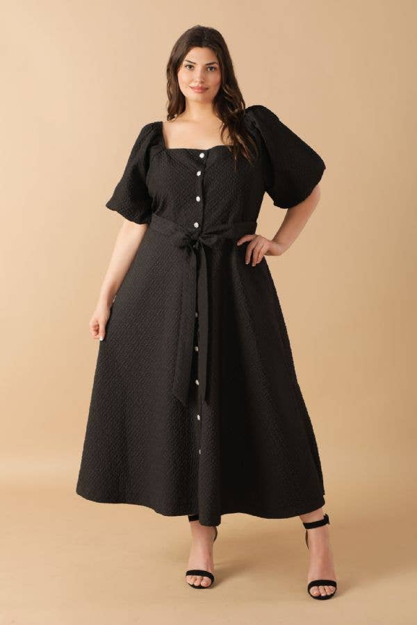 Plus size black textured woven midi dress
