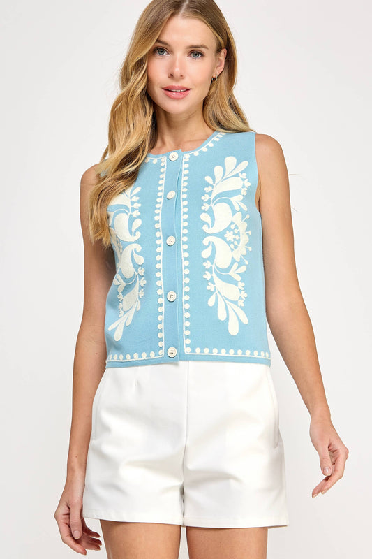 Embroidered Sleeveless Vest Top