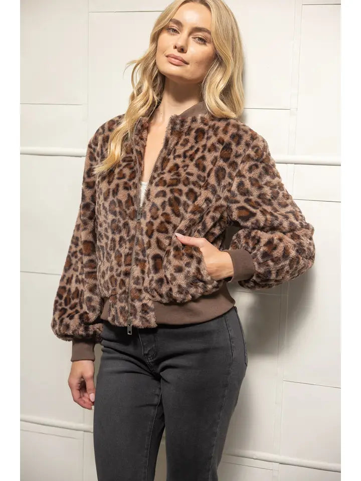 Leopard Printed Fur Bomber Jacket