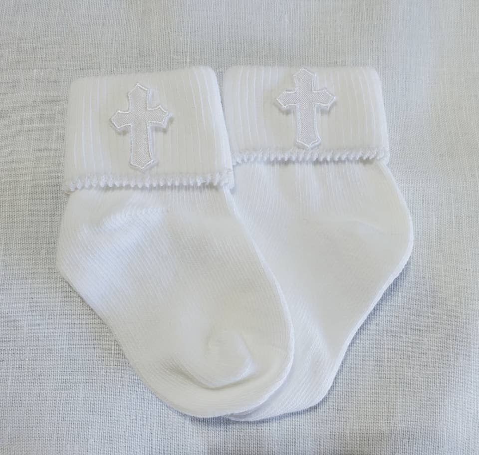 White Baby Socks With Crosses (One Pair)