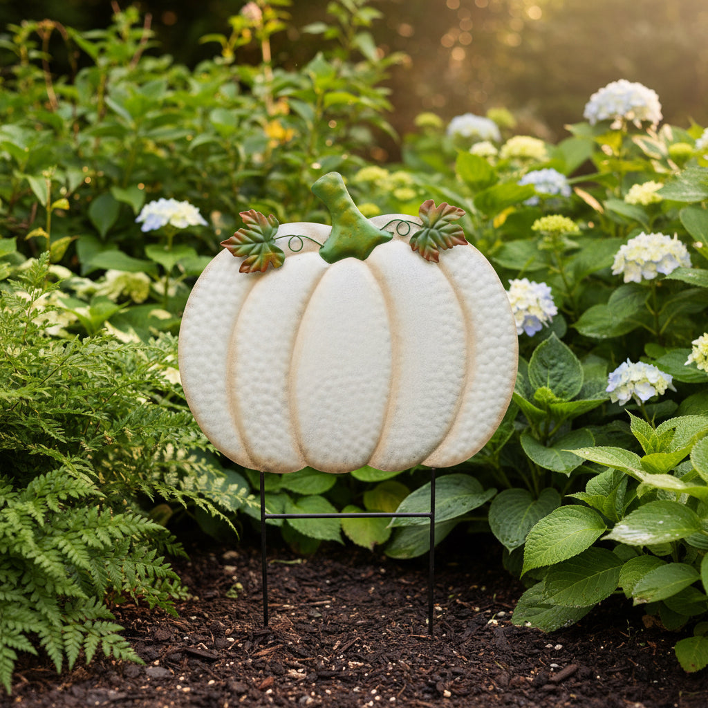 Metal White Pumpkin Lawn Art