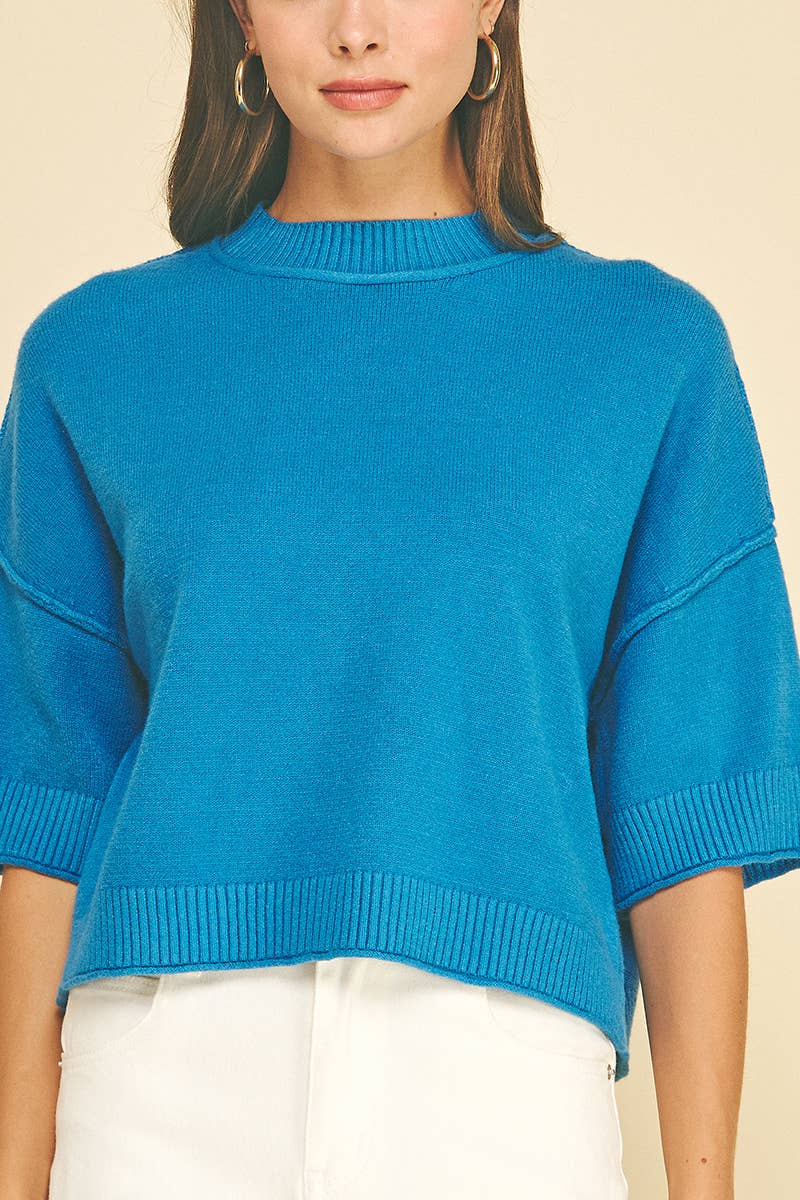 Ocean Blue Soft Knit Short Sleeve Sweater Top