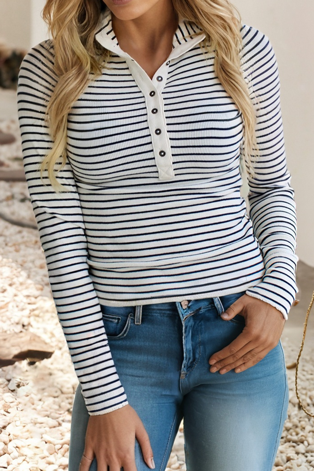 Ribbed Knit Half Button Long Sleeve Slim Mock Neck Top