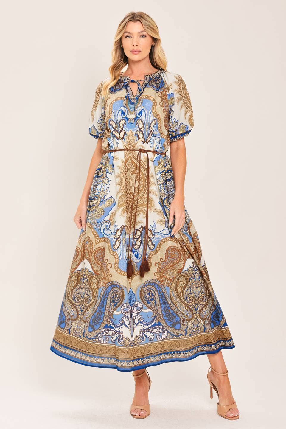 Blue & Mocha Paisley Belted Midi Dress