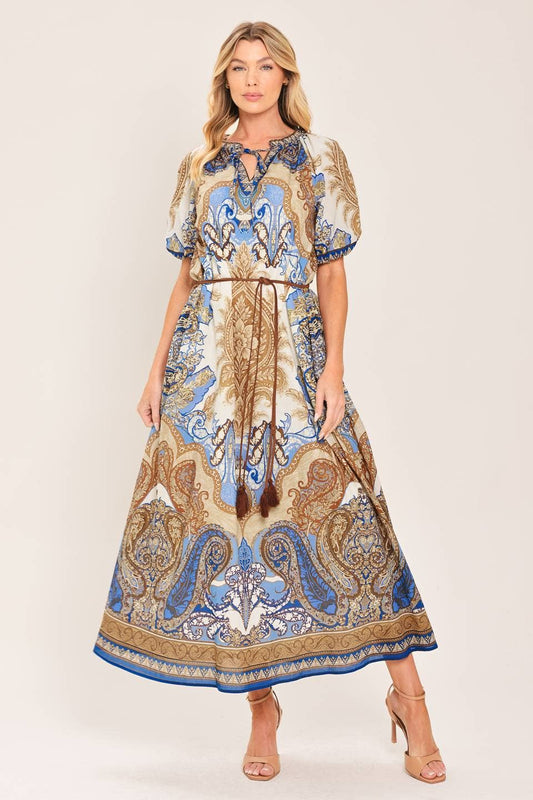 Blue & Mocha Paisley Belted Midi Dress