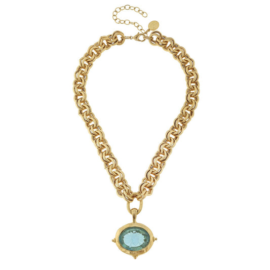 Aqua Venetian Glass Bee Intaglio Necklace on Gold Chain