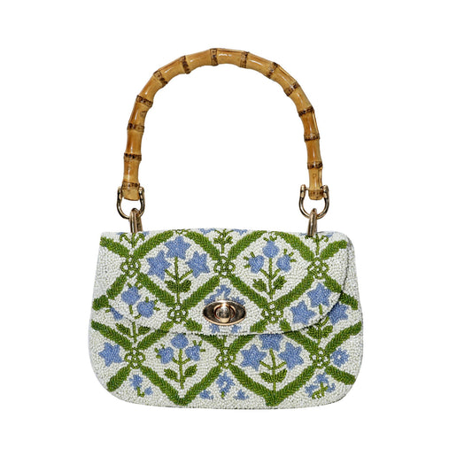 Bluebell Garden Bamboo Handle Beaded Bag