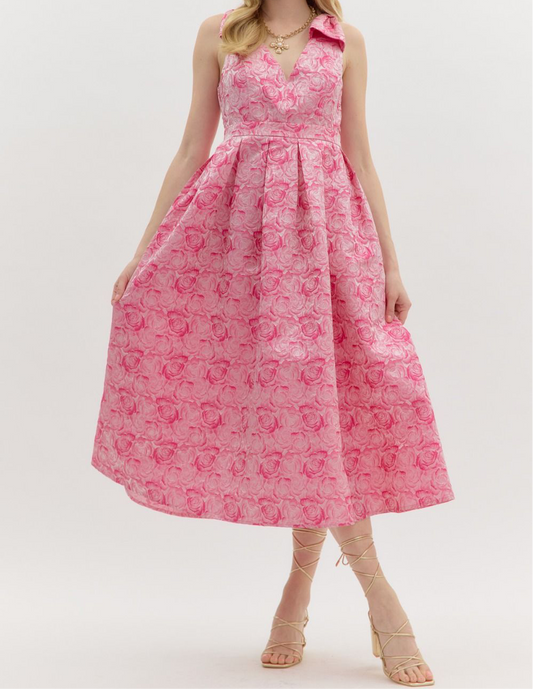 Floral Textured V-Neck Pleated Midi Dress