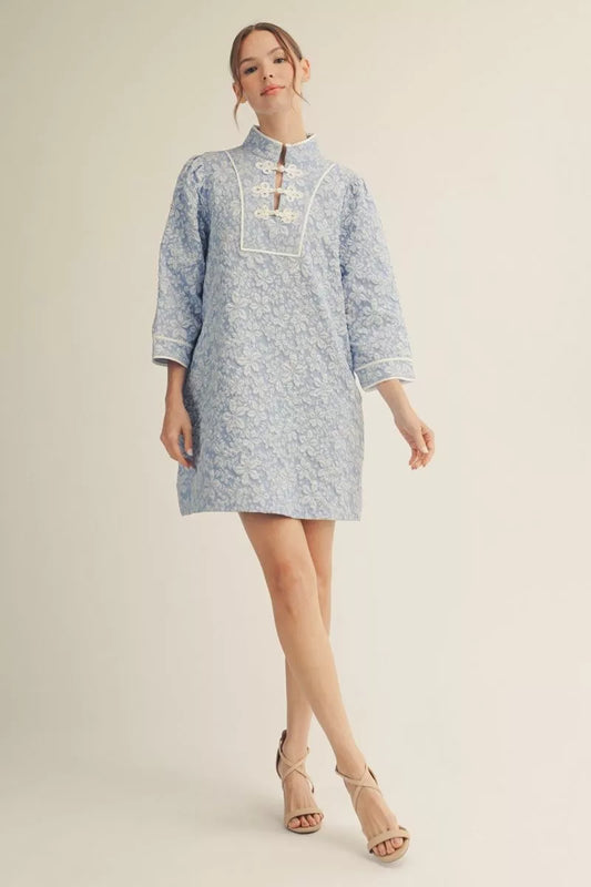 🤍 Floral Jacquard Dress with Mandarin Collar