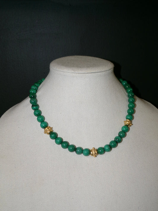 Handcast Gold Bead & Single Strand of Malachite Necklace