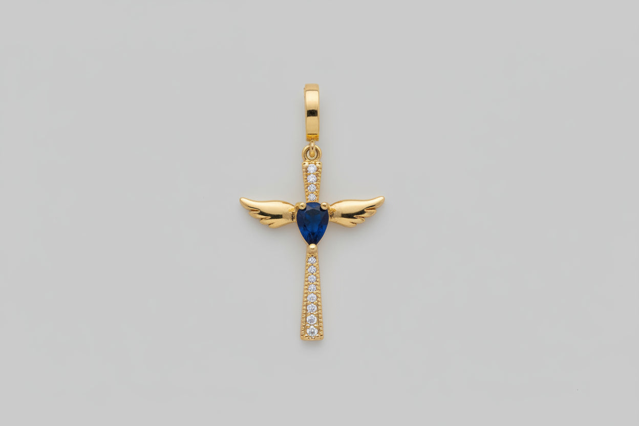 Cross with Wings & Center Gem Charm — Faith, Hope, and Gentle Strength
