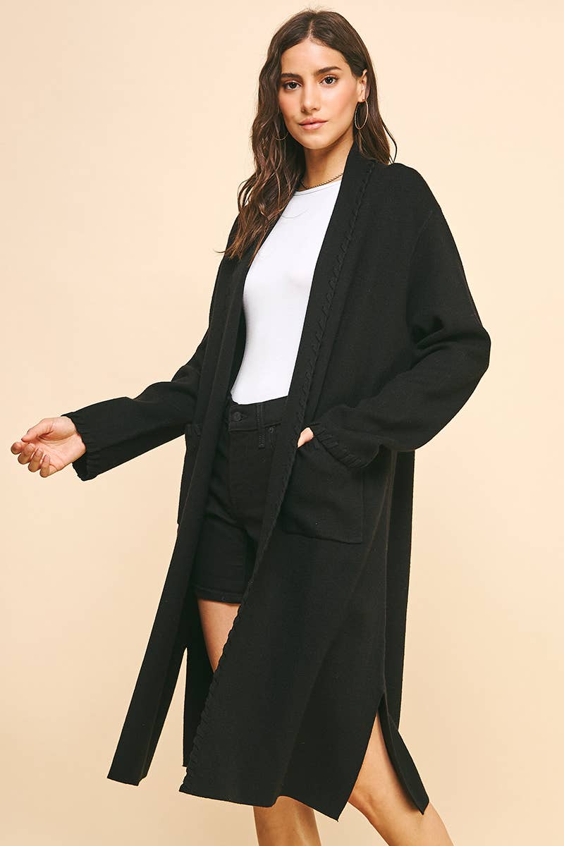 EDGE DETAIL OPEN KNIT CARDIGAN IN BLACK