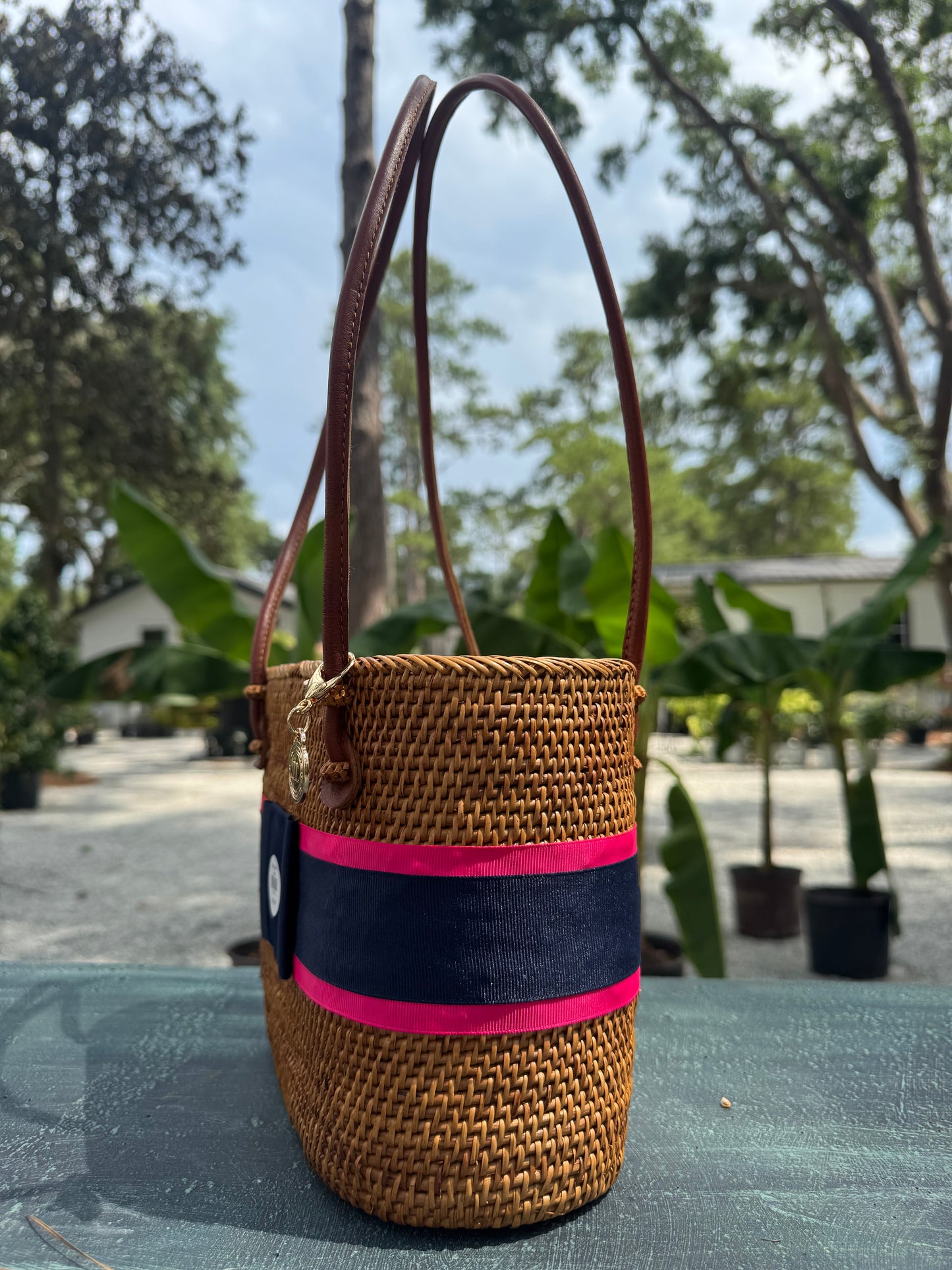 Lisi Lerch Hot Pink/Navy Layer Gingko Leaf Purse