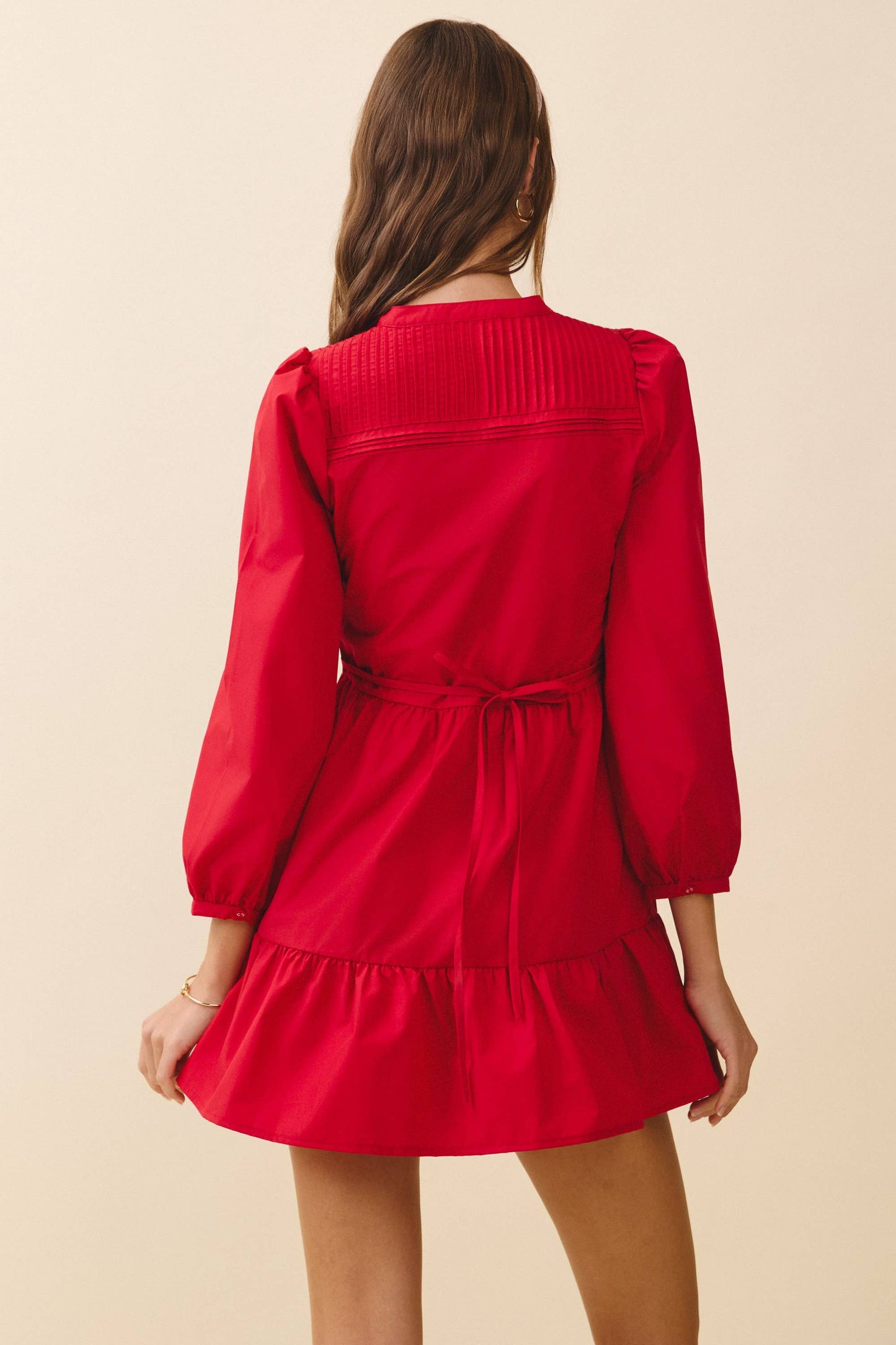Pintuck Yoke Detail Button Front Mini Dress