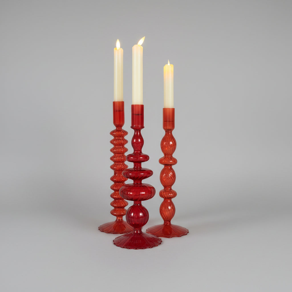 Hand-Blown Glass Candlestick Red (Set of 3)