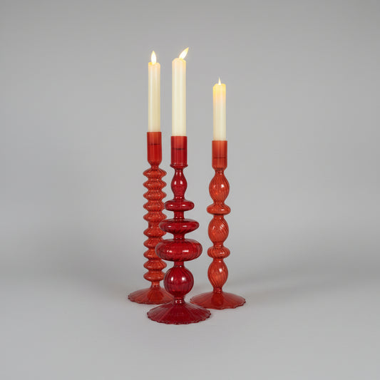 Hand-Blown Glass Candlestick Red (Set of 3)