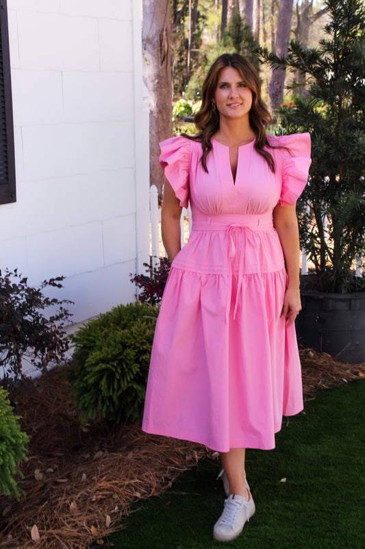 Flutter Sleeve Poplin Midi Dress: Pink