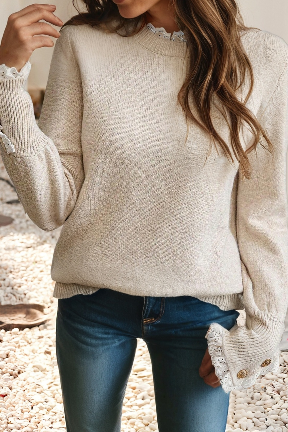 Lace Trim Patchwork Buttoned Cuffs Loose Sweater