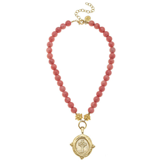 Handcast Gold Cross Intaglio on Pink Coral Necklace