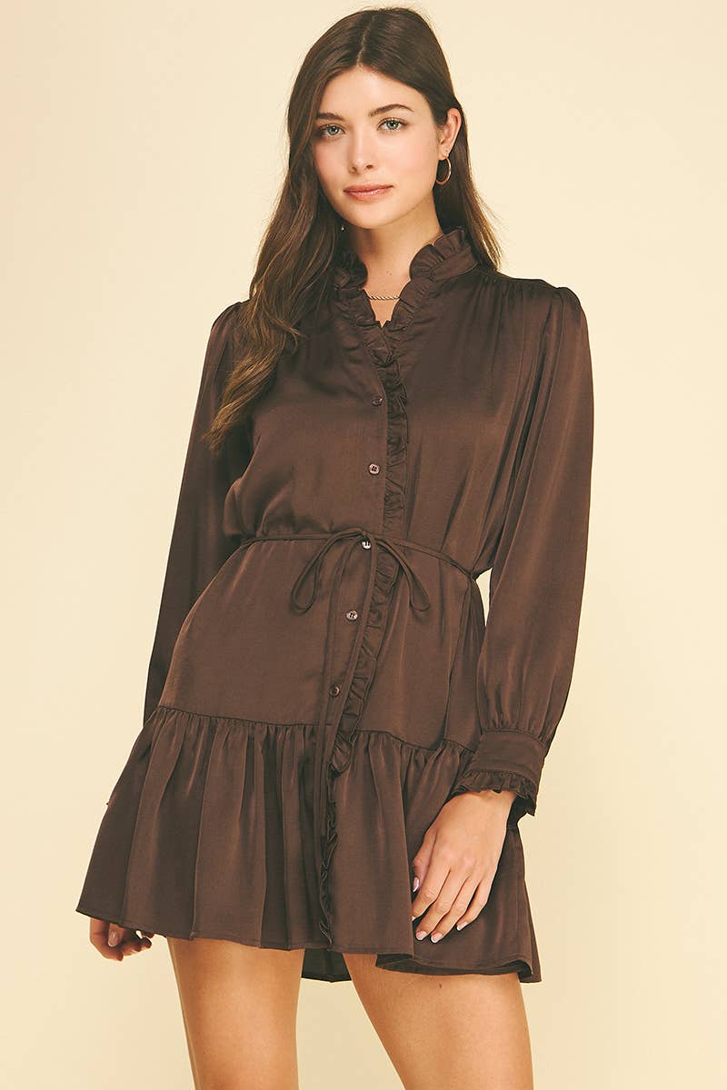 Espresso Satin Ruffled Tiered Mini Dress